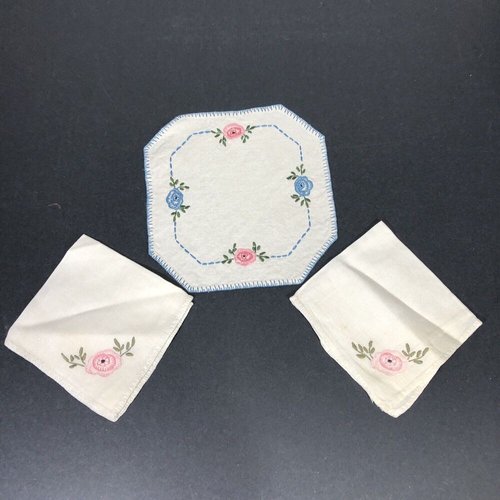 Vintage Small Table Topper Linens Blue and Pink Flowers Needlepoint Handmade 3pc